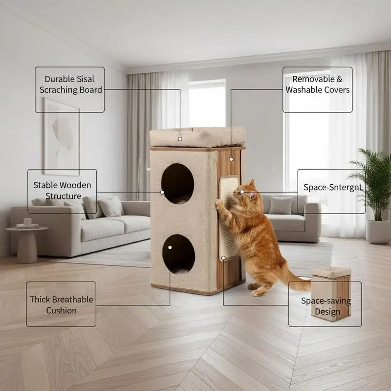3-Story Cat House, Cat Condo with Scratching Post, 2 Hideaways and Top Perch, Modern Barrel-Shaped Furniture, Beige