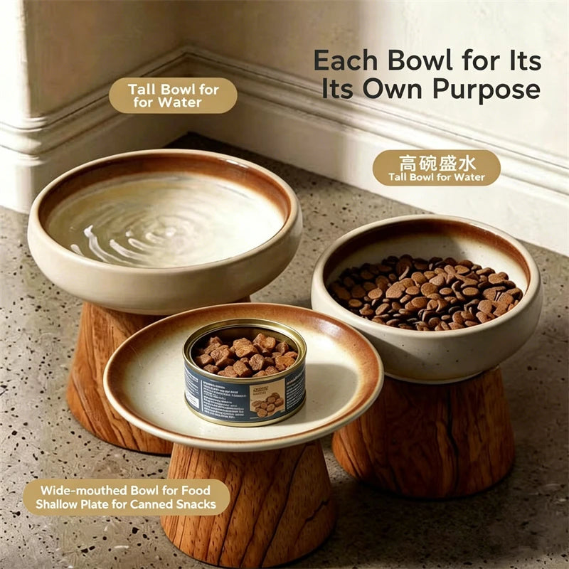 Cute Raised Ceramic Pet Bowl with Wood Stand Elevated Cat Dog Food Water Bowl Anti-Tip Neck Protector Pet Feeder for Cats Dogs