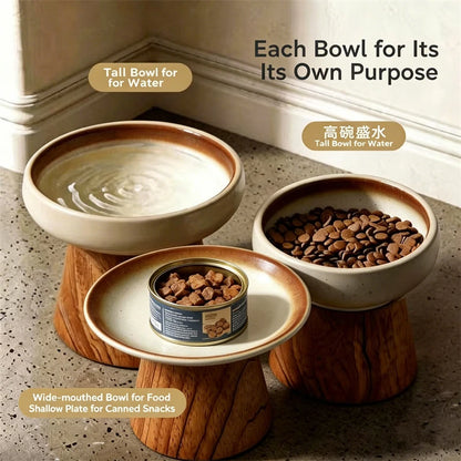 Cute Raised Ceramic Pet Bowl with Wood Stand Elevated Cat Dog Food Water Bowl Anti-Tip Neck Protector Pet Feeder for Cats Dogs
