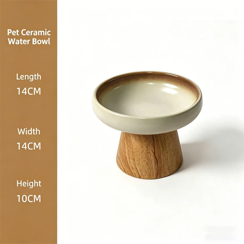 Cute Raised Ceramic Pet Bowl with Wood Stand Elevated Cat Dog Food Water Bowl Anti-Tip Neck Protector Pet Feeder for Cats Dogs