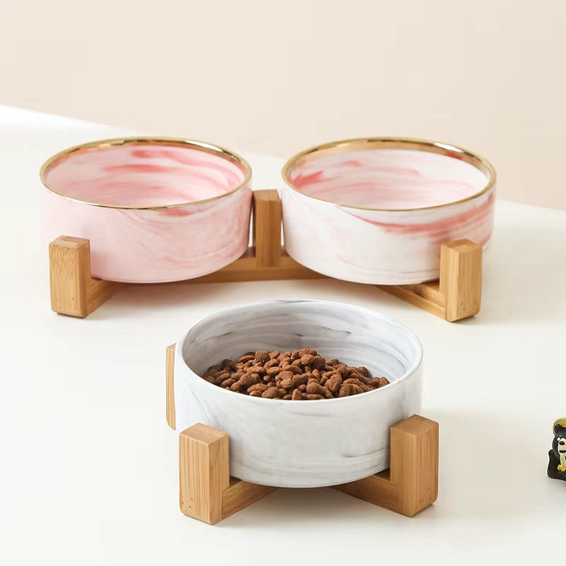 New Design Pet Food Bowl 400Ml 850Ml Pet Feeding with Wood Stand Bowl Ceramic Dog Cat Bowl