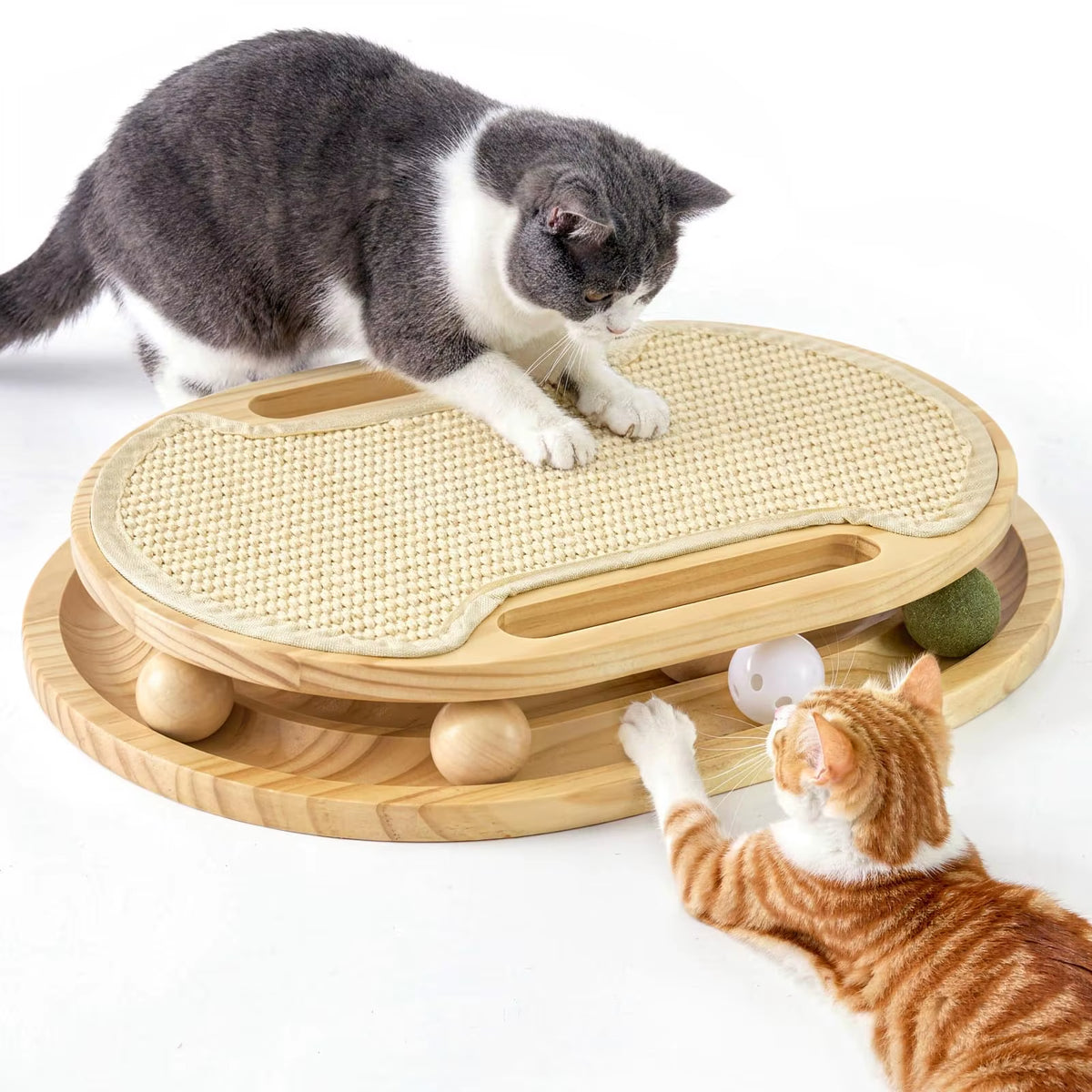 Zmaker 2026 Cat Scratcher with Ball Track Toy Pine Wood Sisal Scratch Pad Cat Smooth Oval Track Fun with Ball for Cat Indoor Use