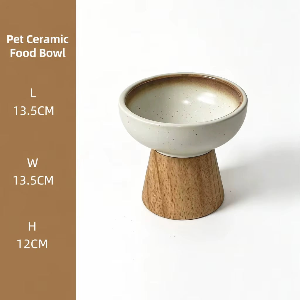 Ceramic Elevated Pet Bowl with Solid Wood Stand Eco-Friendly Anti-Spill Neck Protection for Cats and Dogs 6 Style Options