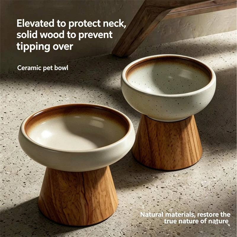 Cute Raised Ceramic Pet Bowl with Wood Stand Elevated Cat Dog Food Water Bowl Anti-Tip Neck Protector Pet Feeder for Cats Dogs