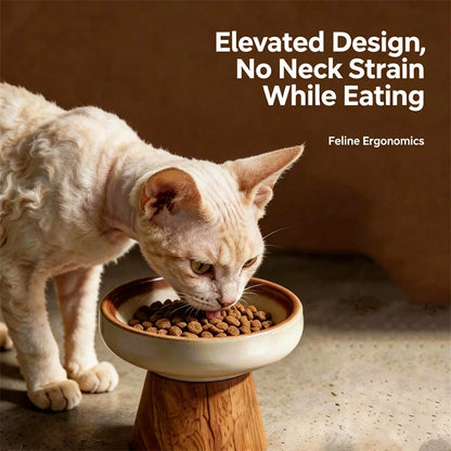 Cute Raised Ceramic Pet Bowl with Wood Stand Elevated Cat Dog Food Water Bowl Anti-Tip Neck Protector Pet Feeder for Cats Dogs