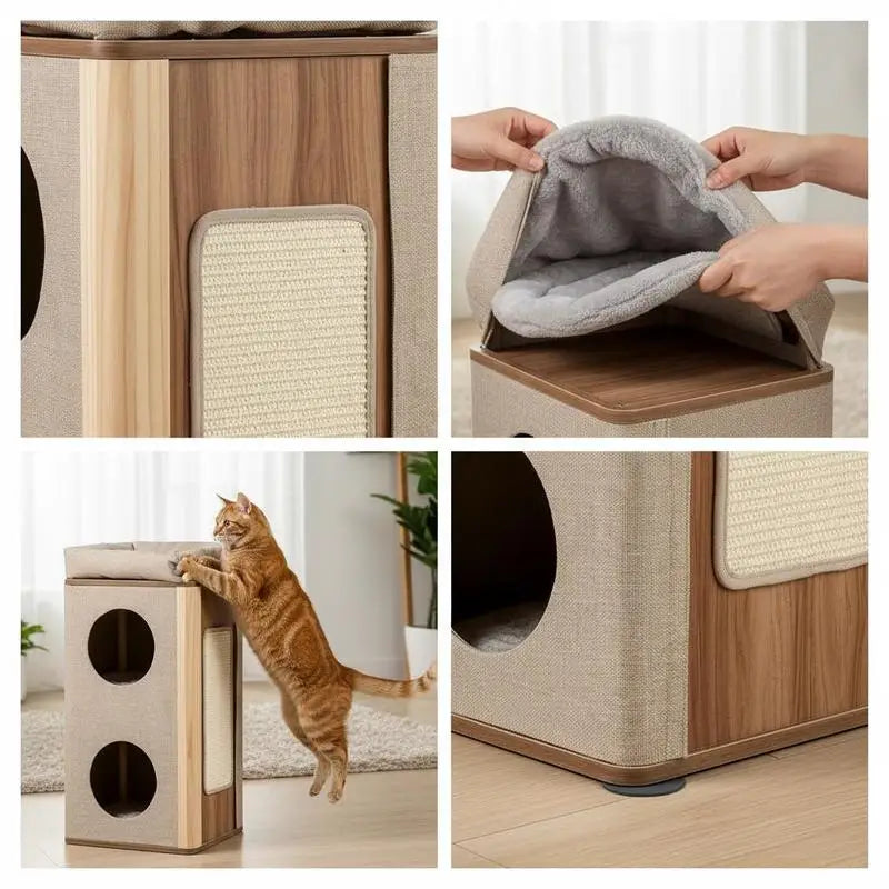 3-Story Cat House, Cat Condo with Scratching Post, 2 Hideaways and Top Perch, Modern Barrel-Shaped Furniture, Beige