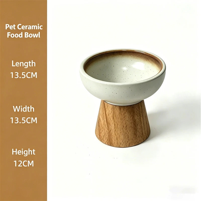 Cute Raised Ceramic Pet Bowl with Wood Stand Elevated Cat Dog Food Water Bowl Anti-Tip Neck Protector Pet Feeder for Cats Dogs
