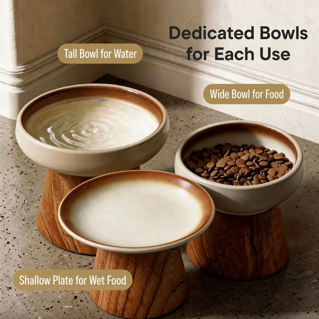 Ceramic Elevated Pet Bowl with Solid Wood Stand Eco-Friendly Anti-Spill Neck Protection for Cats and Dogs 6 Style Options