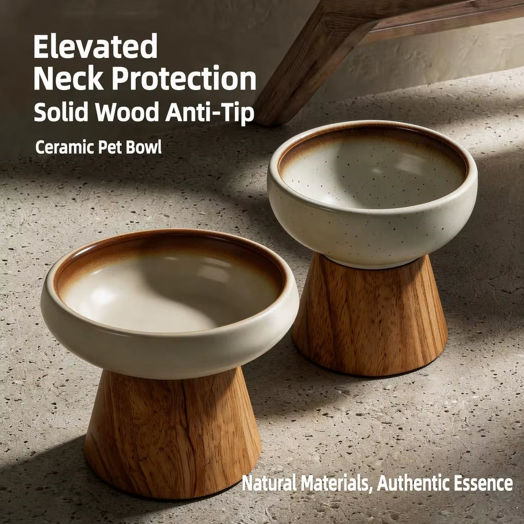 Ceramic Elevated Pet Bowl with Solid Wood Stand Eco-Friendly Anti-Spill Neck Protection for Cats and Dogs 6 Style Options