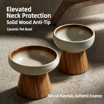 Ceramic Elevated Pet Bowl with Solid Wood Stand Eco-Friendly Anti-Spill Neck Protection for Cats and Dogs 6 Style Options