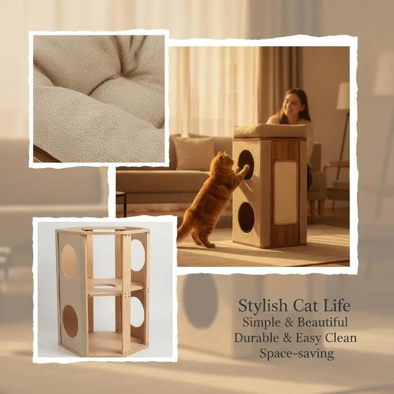 3-Story Cat House, Cat Condo with Scratching Post, 2 Hideaways and Top Perch, Modern Barrel-Shaped Furniture, Beige