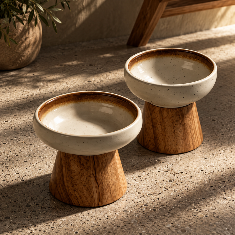 Ceramic Elevated Pet Bowl with Solid Wood Stand Eco-Friendly Anti-Spill Neck Protection for Cats and Dogs 6 Style Options