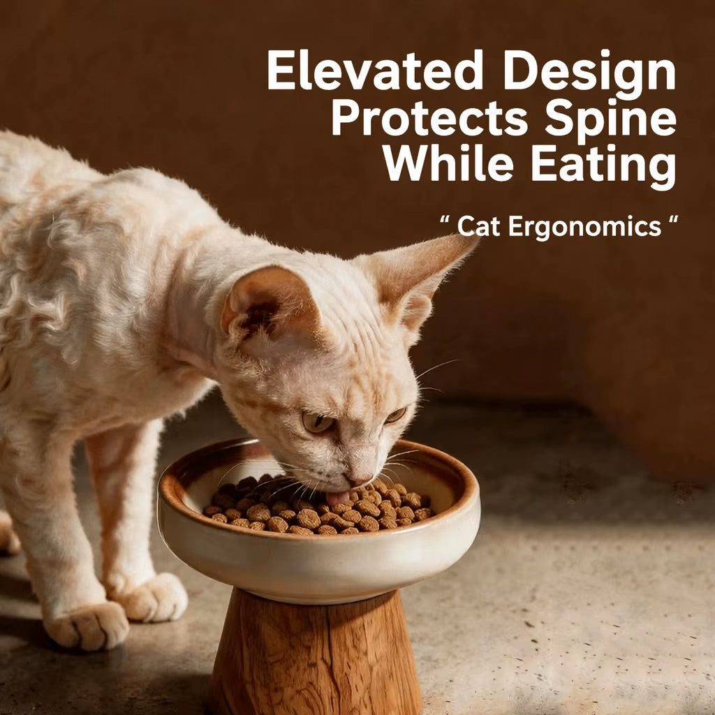 Ceramic Elevated Pet Bowl with Solid Wood Stand Eco-Friendly Anti-Spill Neck Protection for Cats and Dogs 6 Style Options