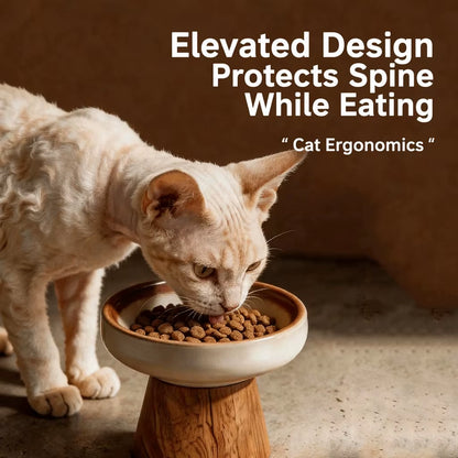 Ceramic Elevated Pet Bowl with Solid Wood Stand Eco-Friendly Anti-Spill Neck Protection for Cats and Dogs 6 Style Options