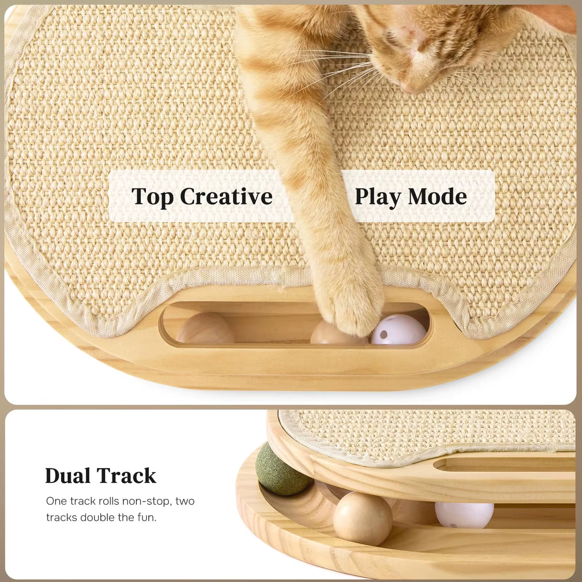 Zmaker 2026 Cat Scratcher with Ball Track Toy Pine Wood Sisal Scratch Pad Cat Smooth Oval Track Fun with Ball for Cat Indoor Use