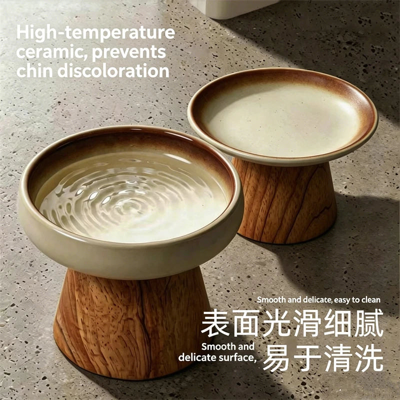 Cute Raised Ceramic Pet Bowl with Wood Stand Elevated Cat Dog Food Water Bowl Anti-Tip Neck Protector Pet Feeder for Cats Dogs