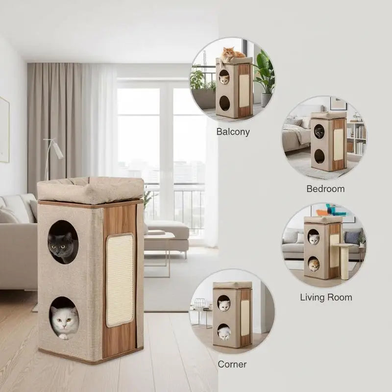 3-Story Cat House, Cat Condo with Scratching Post, 2 Hideaways and Top Perch, Modern Barrel-Shaped Furniture, Beige