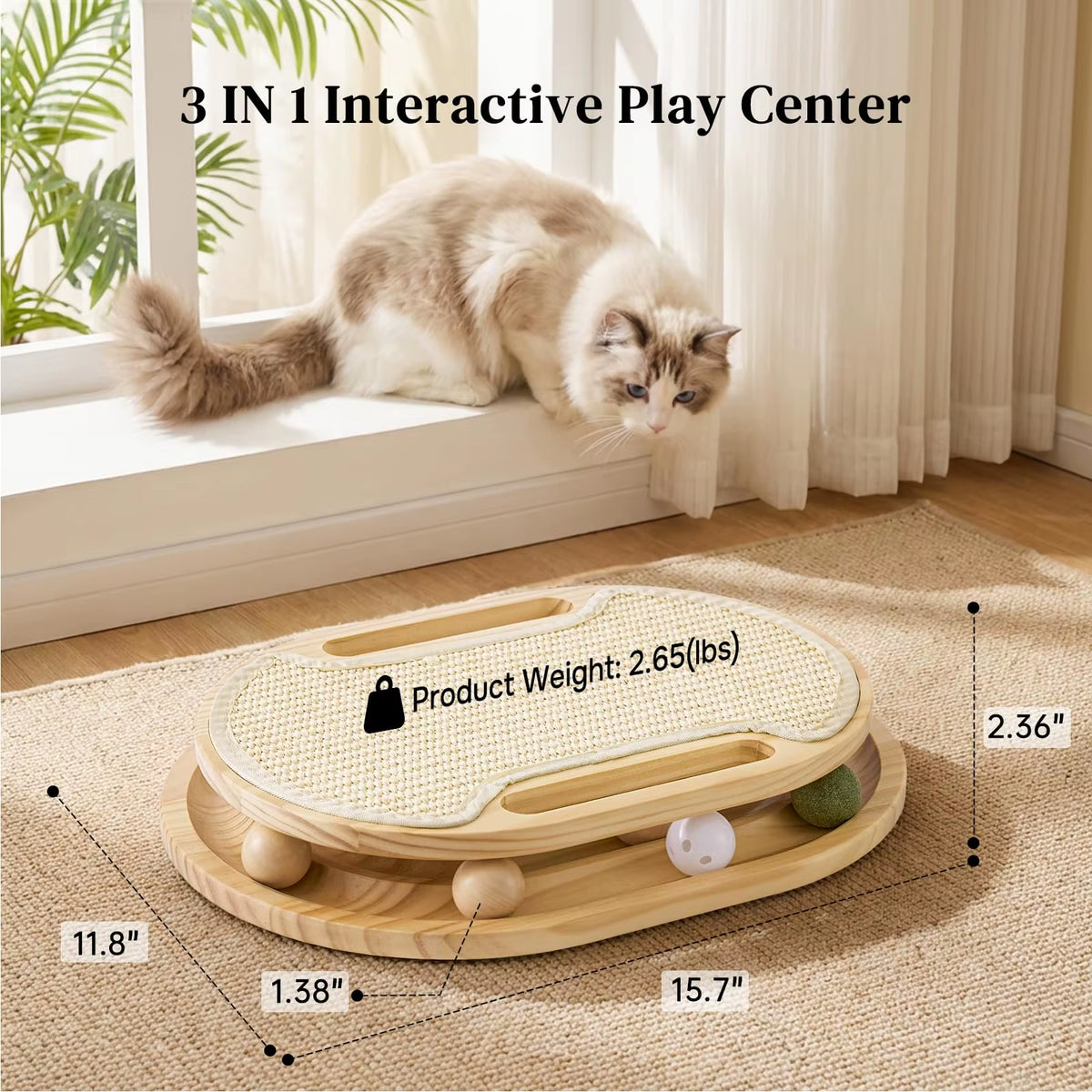 Zmaker 2026 Cat Scratcher with Ball Track Toy Pine Wood Sisal Scratch Pad Cat Smooth Oval Track Fun with Ball for Cat Indoor Use