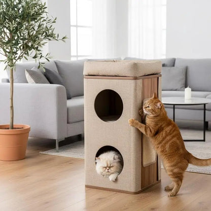 3-Story Cat House, Cat Condo with Scratching Post, 2 Hideaways and Top Perch, Modern Barrel-Shaped Furniture, Beige