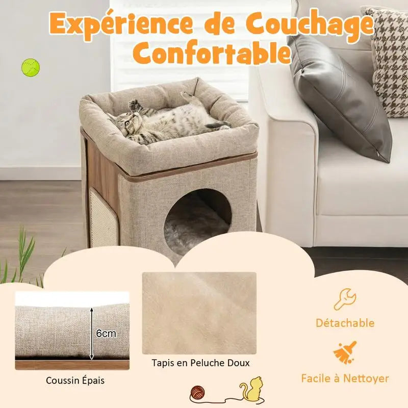 3-Story Cat House, Cat Condo with Scratching Post, 2 Hideaways and Top Perch, Modern Barrel-Shaped Furniture, Beige