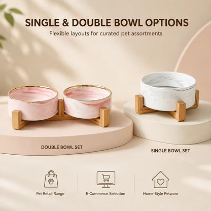 New Design Pet Food Bowl 400Ml 850Ml Pet Feeding with Wood Stand Bowl Ceramic Dog Cat Bowl