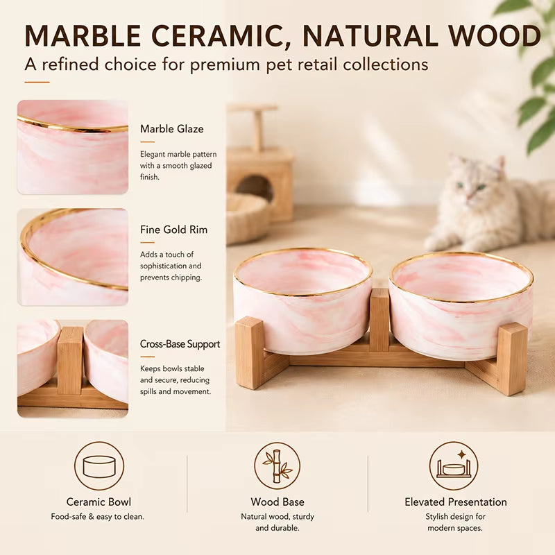 New Design Pet Food Bowl 400Ml 850Ml Pet Feeding with Wood Stand Bowl Ceramic Dog Cat Bowl