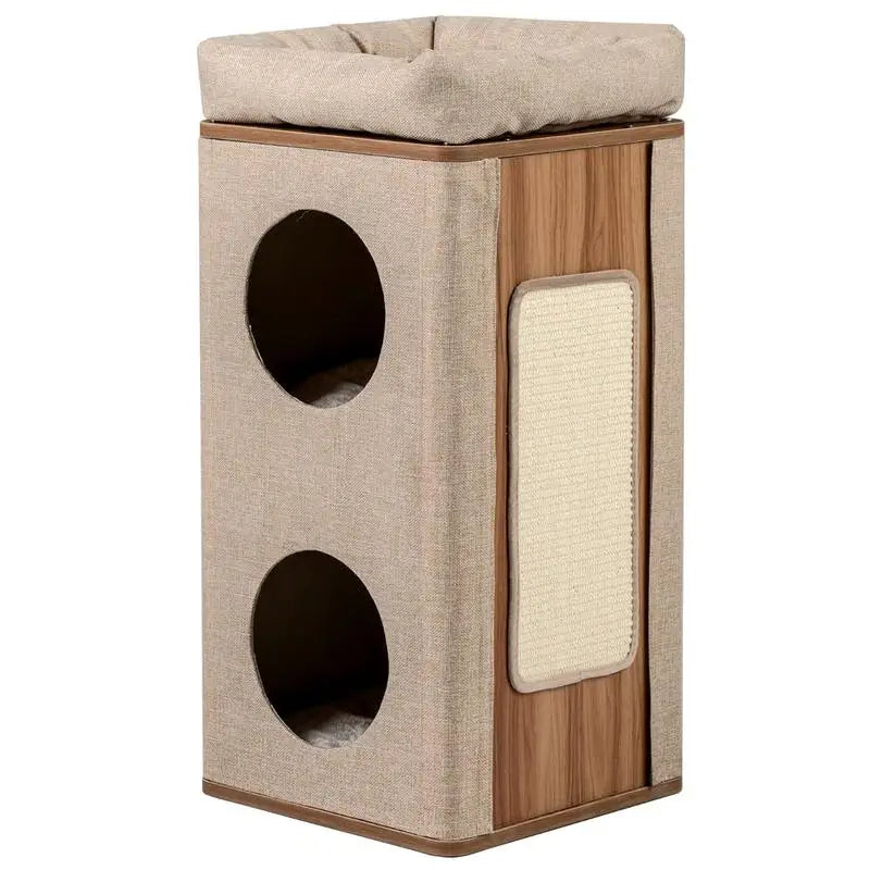 3-Story Cat House, Cat Condo with Scratching Post, 2 Hideaways and Top Perch, Modern Barrel-Shaped Furniture, Beige