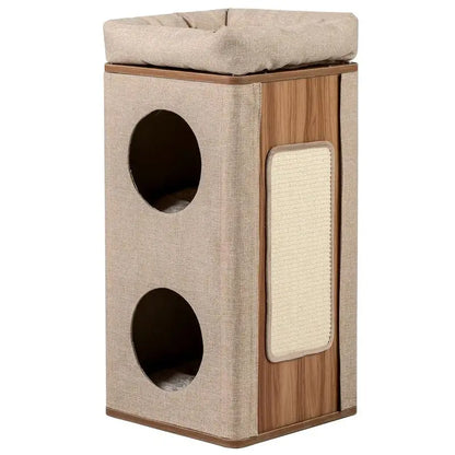 3-Story Cat House, Cat Condo with Scratching Post, 2 Hideaways and Top Perch, Modern Barrel-Shaped Furniture, Beige