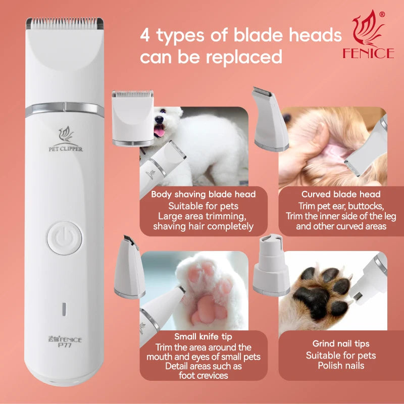 4 in 1 Multi-Functional Pet Electric Hair Clipper with 4 Blades Grooming Trimmer Nail Grinder Curved Foot Trimmer for Dog