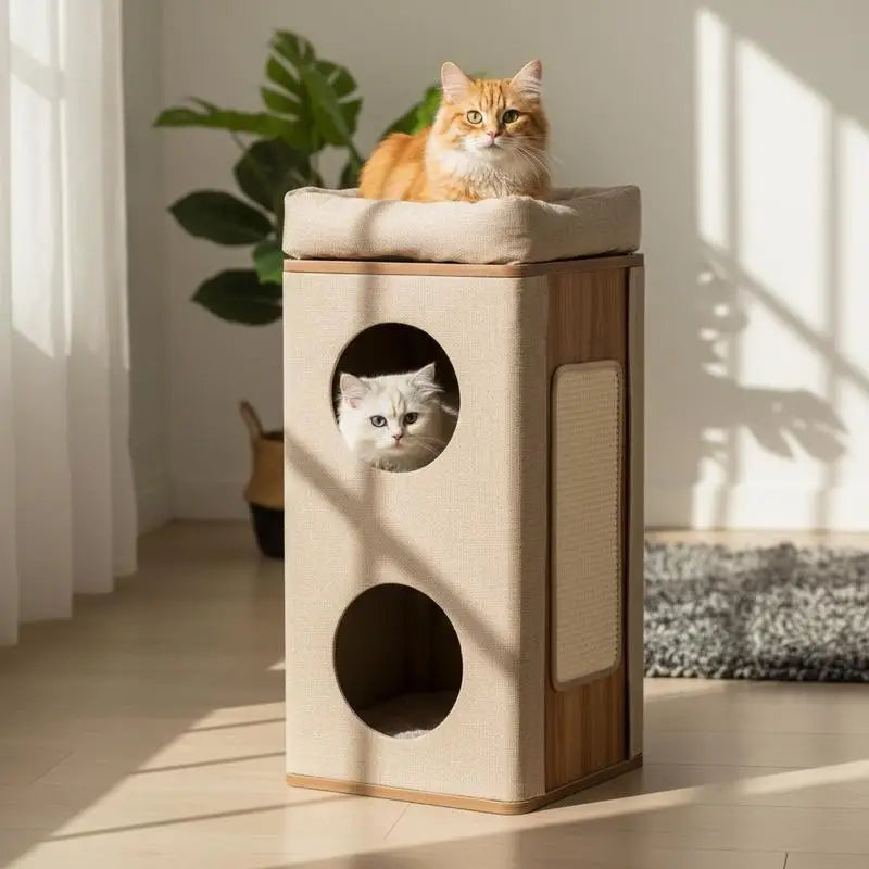 3-Story Cat House, Cat Condo with Scratching Post, 2 Hideaways and Top Perch, Modern Barrel-Shaped Furniture, Beige