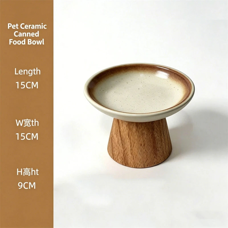 Cute Raised Ceramic Pet Bowl with Wood Stand Elevated Cat Dog Food Water Bowl Anti-Tip Neck Protector Pet Feeder for Cats Dogs