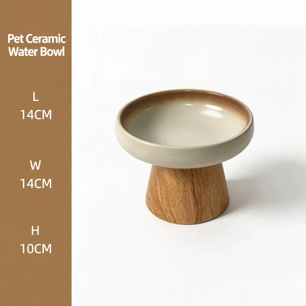 Ceramic Elevated Pet Bowl with Solid Wood Stand Eco-Friendly Anti-Spill Neck Protection for Cats and Dogs 6 Style Options