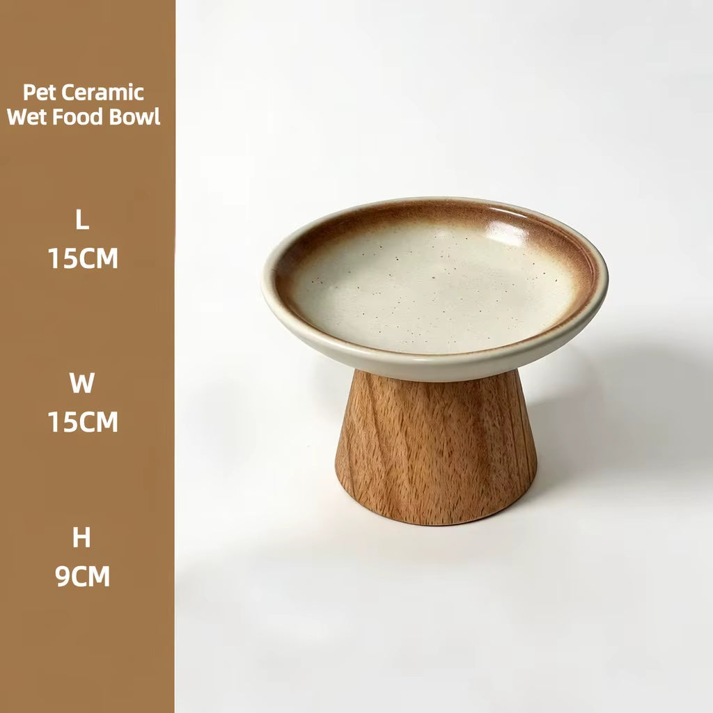 Ceramic Elevated Pet Bowl with Solid Wood Stand Eco-Friendly Anti-Spill Neck Protection for Cats and Dogs 6 Style Options